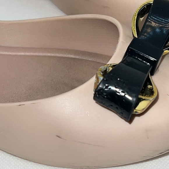 Melissa Queen IV blush black peep toe front bow ballerina flats Sz 6 - Picture 4 of 13